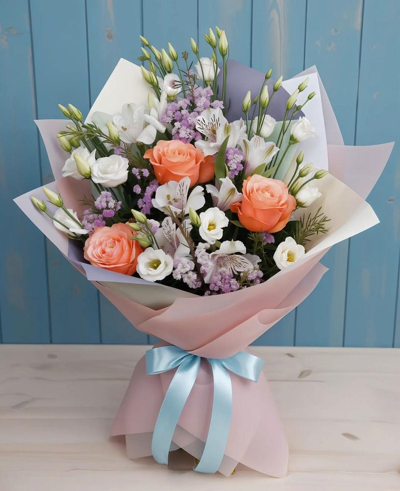 Букет цветов из: Лизиантусы, Розы, Альстромерии и Гипсофила в Советске Калининградской области